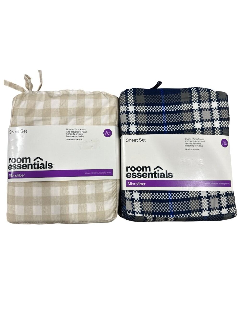 Set of 2 Room Essentials Twin XL Microfiber Sheet Sets Beige Checkered & Blue Pl